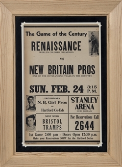1946 "The Game of the Century" Harlem Renaissance vs New Britain Pros Poster In 15x23 Framed Display (Abdul-Jabbar LOA)